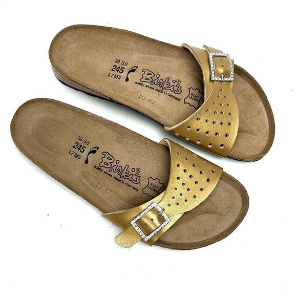 NWB Birkenstock Birkis Sandals Mallorca Gold Slides Rhinestone Buckle EUR 38 US7 - Picture 10 of 13